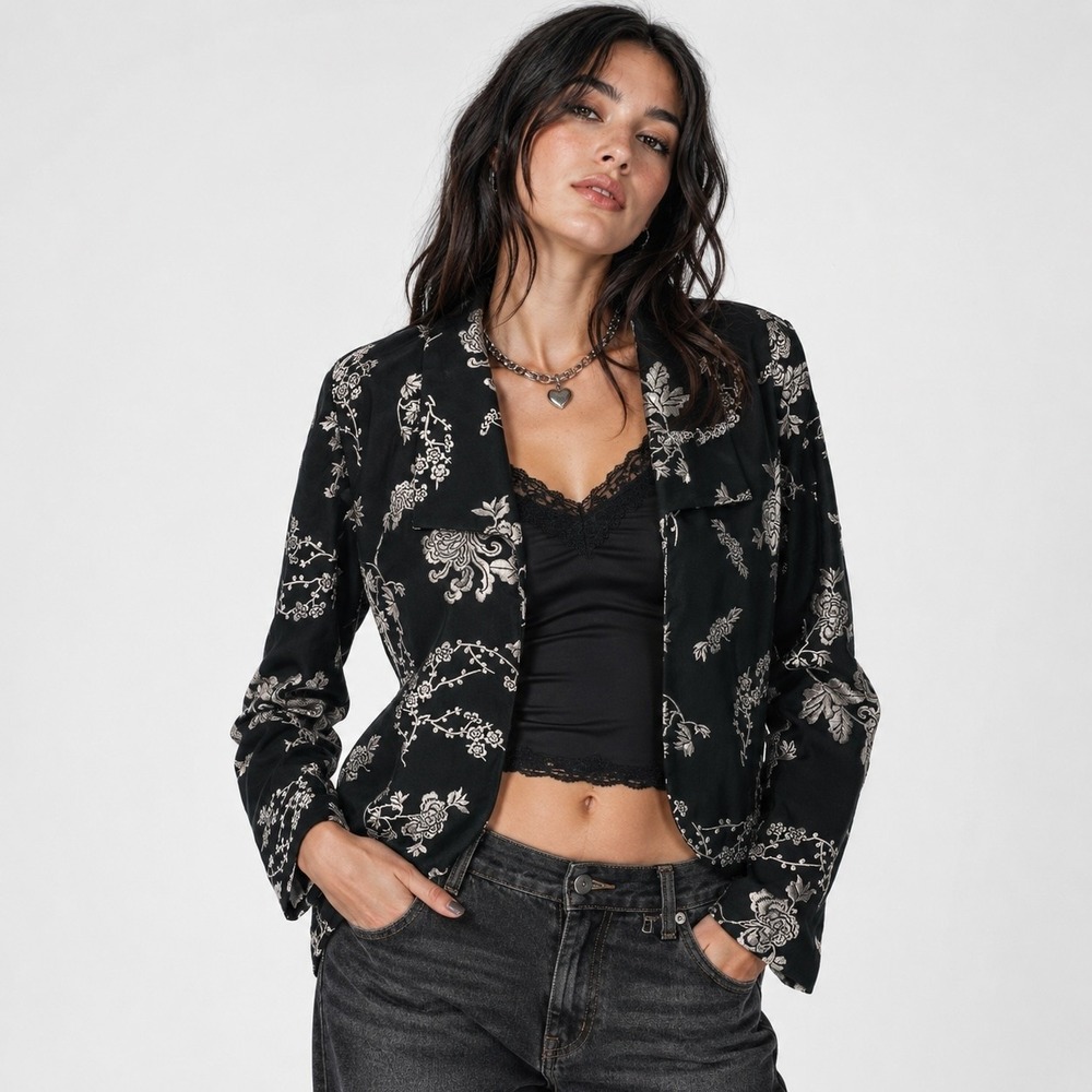 Vtg Chicos Floral Embroidered Silk Blend Blazer Jacket Womens 1 S Black Y2K 90s